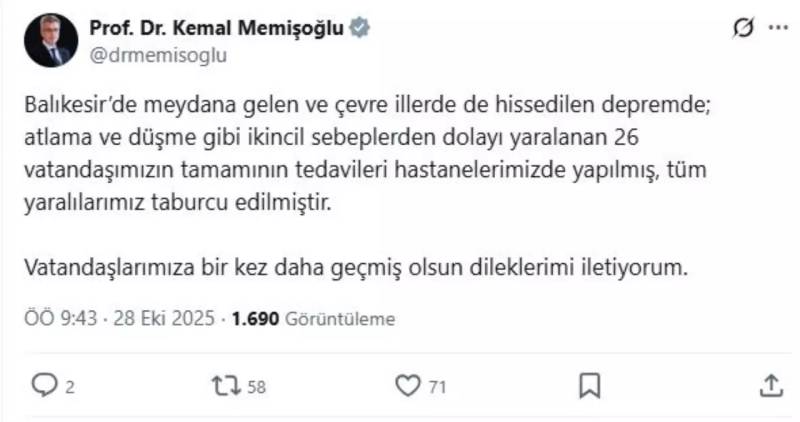 Balıkəsir Zəlzələsində Xəsarət Alan 26 Vətəndaş Evə Buraxıldı: Səhiyyə Naziri Açıqladı