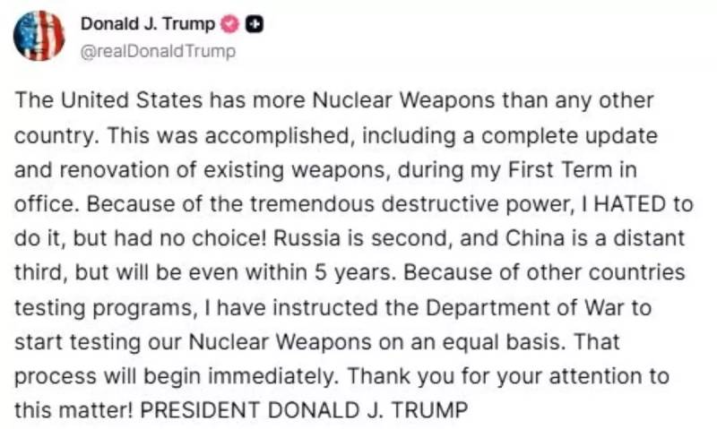 Tramp Çin lideri ilə görüş ərəfəsində ABŞ-ın Nüvə Silahı Sınaqlarını Dərhal Bərpa Etməsi Barədə Təlimat Verdi