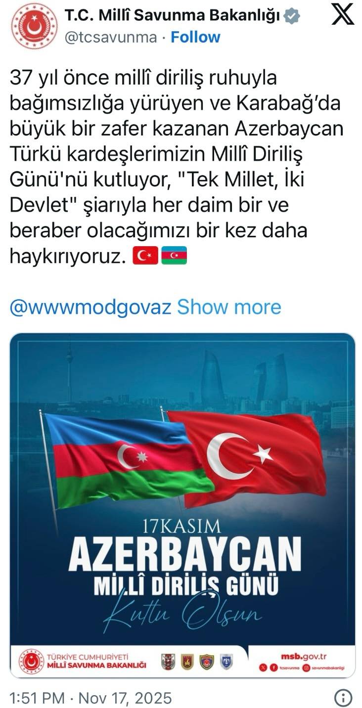 Türkiyə MN Azərbaycanı təbrik etdi -FOTO